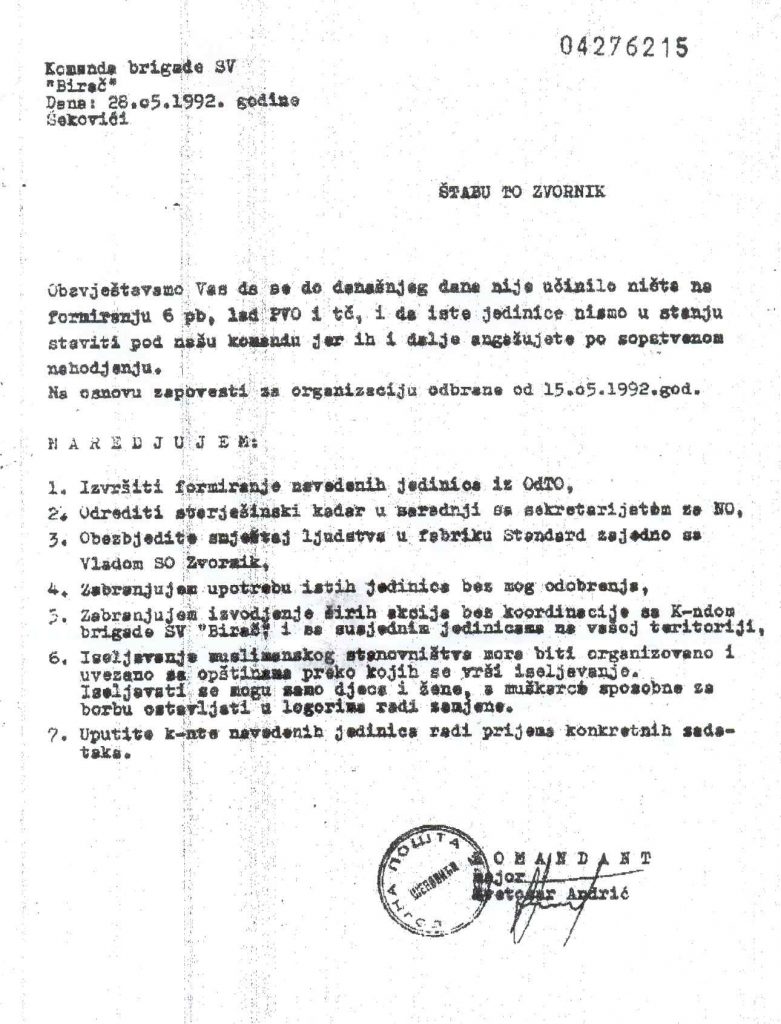 KONCENTRACIONI LOGORI U ZVORNIKU: Objavljujemo naredbe Vojske RS za osnivanje logora 1 Naredba 1