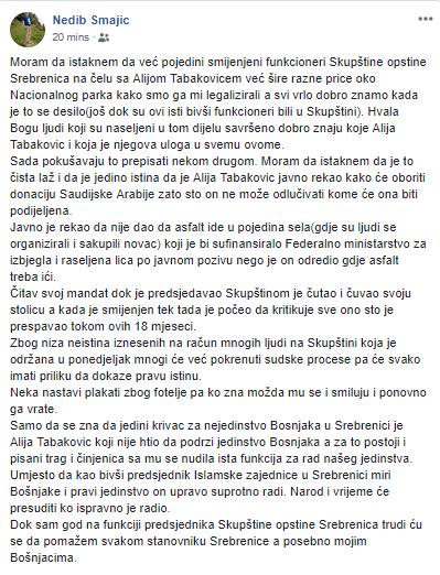 NE MOŽE PREŽALITI FUNKCIJU: Pogledajte kako bivši predsjednik SO Srebrenica Alija Tabaković širi dezinformacije i ruši Bošnjačko jedinstvo 2 nedib fb post