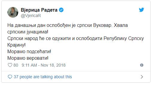 Vjerica Radeta opet provocira: Na današnji dan oslobođen je srpski Vukovar 1 tweet