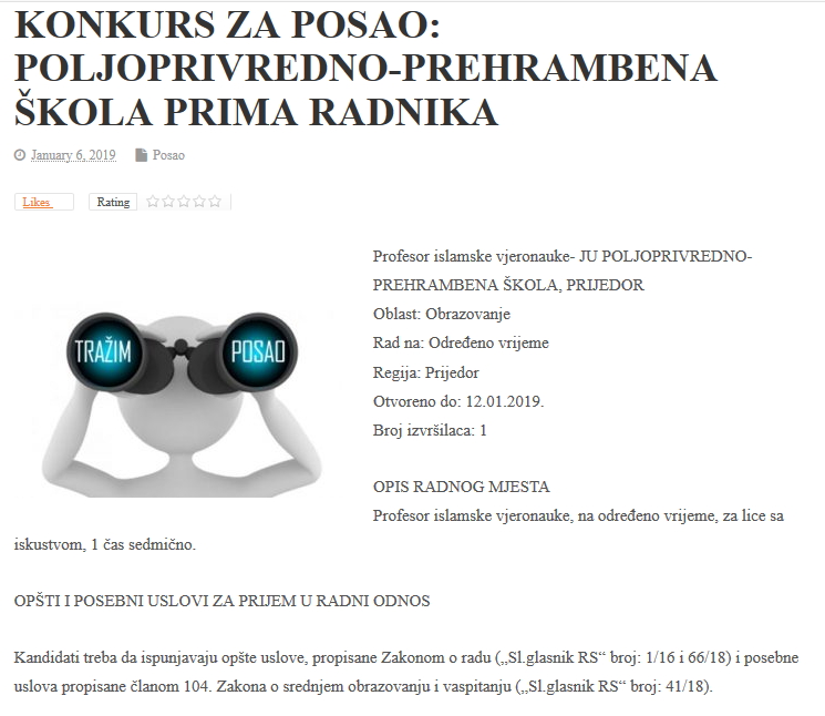 Za profesora islamske vjeronauke u Prijedoru prednost imaju bivši borci i RVI Vojske RS!? 1 posao