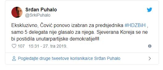 KAD PUHALO „TVITA“: "Čović ponovo izabran za predsjednika HDZ BiH, Sjeverna Koreja..." 1 puki