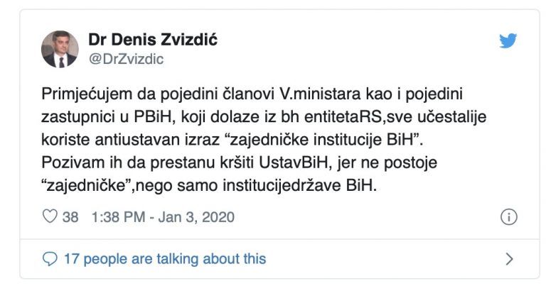 Zvizdić upozorio zvaničnike iz RS-a: Ne postoje “zajedničke institucije” 1 Screenshot 2020 01 03 at 17.46.35 768x403 1