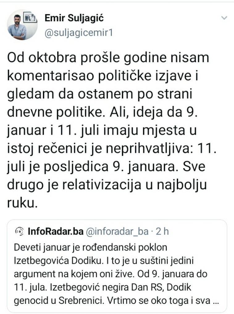 Suljagić poručio Mijatoviću: 11. juli je posljedica 9. januara, sve drugo je relativizacija 1 emir