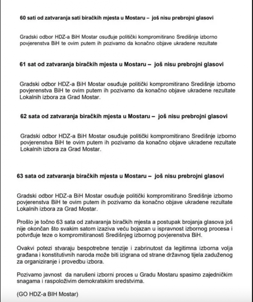 HDZ SE MALO POGUBIO: Svaki sat šalju isto saopćenje u kojem osuđuju “politički kompromitirani CIK” 1 Screenshot 2020 12 23 at 12.35.32
