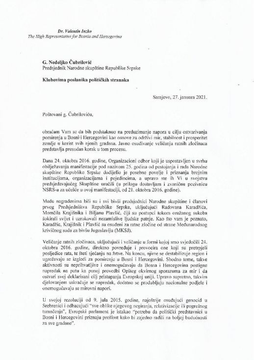 Drama u RS-u nakon Inzkovog pisma: "S Hitlerom da nam lidera uporedi..." 1 valentin inzko pismo cubrilovic jan21