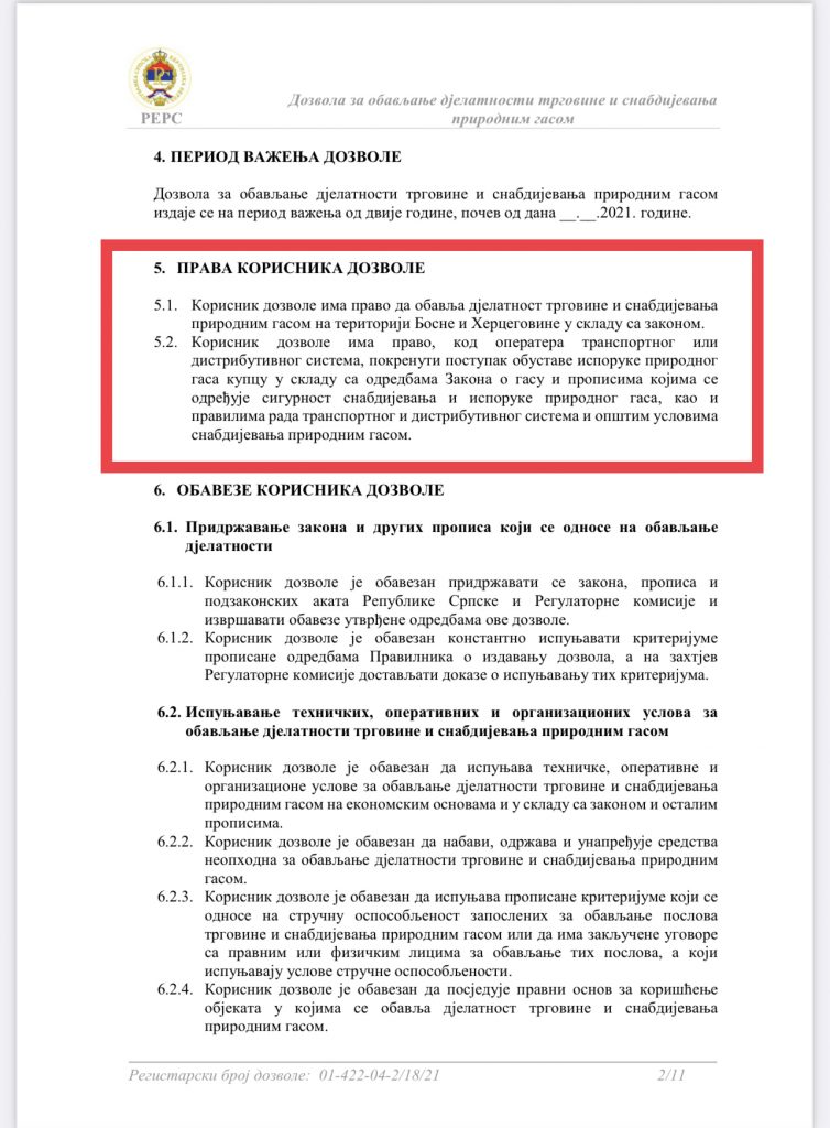 SKANDALOZAN DOKUMENT REERS-a: Republika Srpska daje Rusima dozvolu da trguju plinom na teritoriji BiH 2 dozvola2