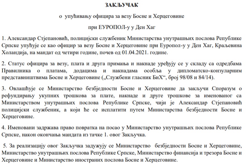 Cikotićevo ministarstvo predložilo pripadnika MUP-a RS za oficira u EUROPOL-u 1 faksmili odluka