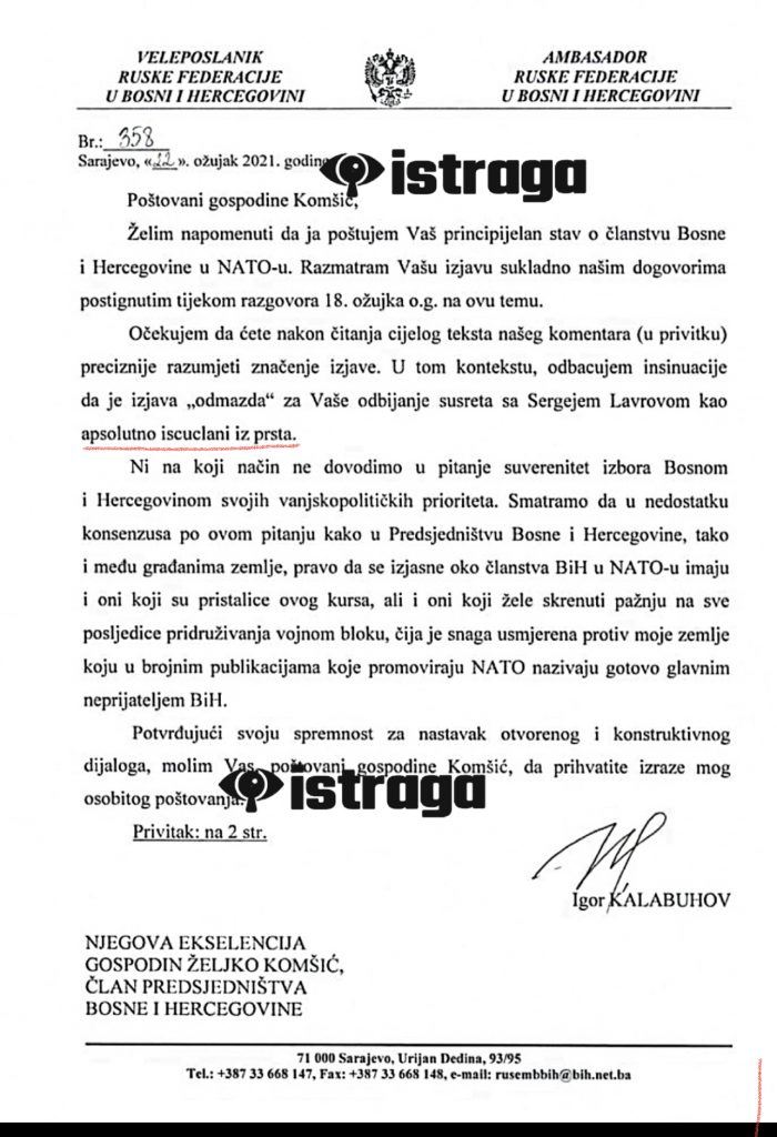 PISMO RUSKOG AMBASADORA ŽELJKU KOMŠIĆU: “Odbacujemo insinuacije iscuclane iz prsta” (FOTO) 1 rusi pismo