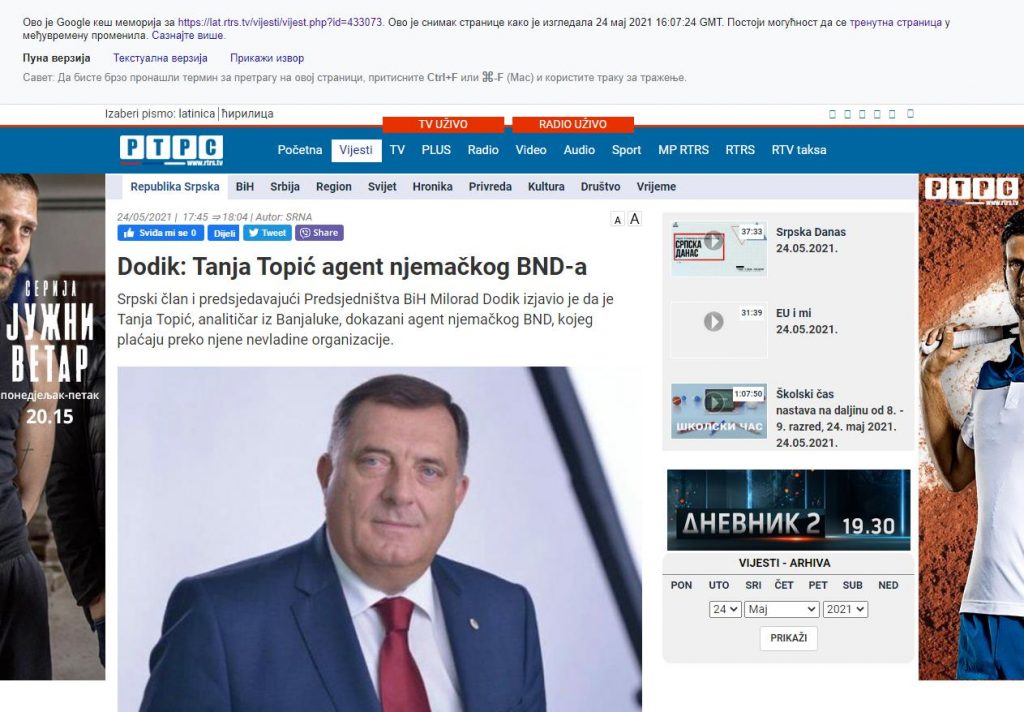 OVO JE PRESEDAN: RTRS objavio pa povukao Dodikove optužbe upućene Tanji Topić da je njemački špijun 1 ScreenShot003 1