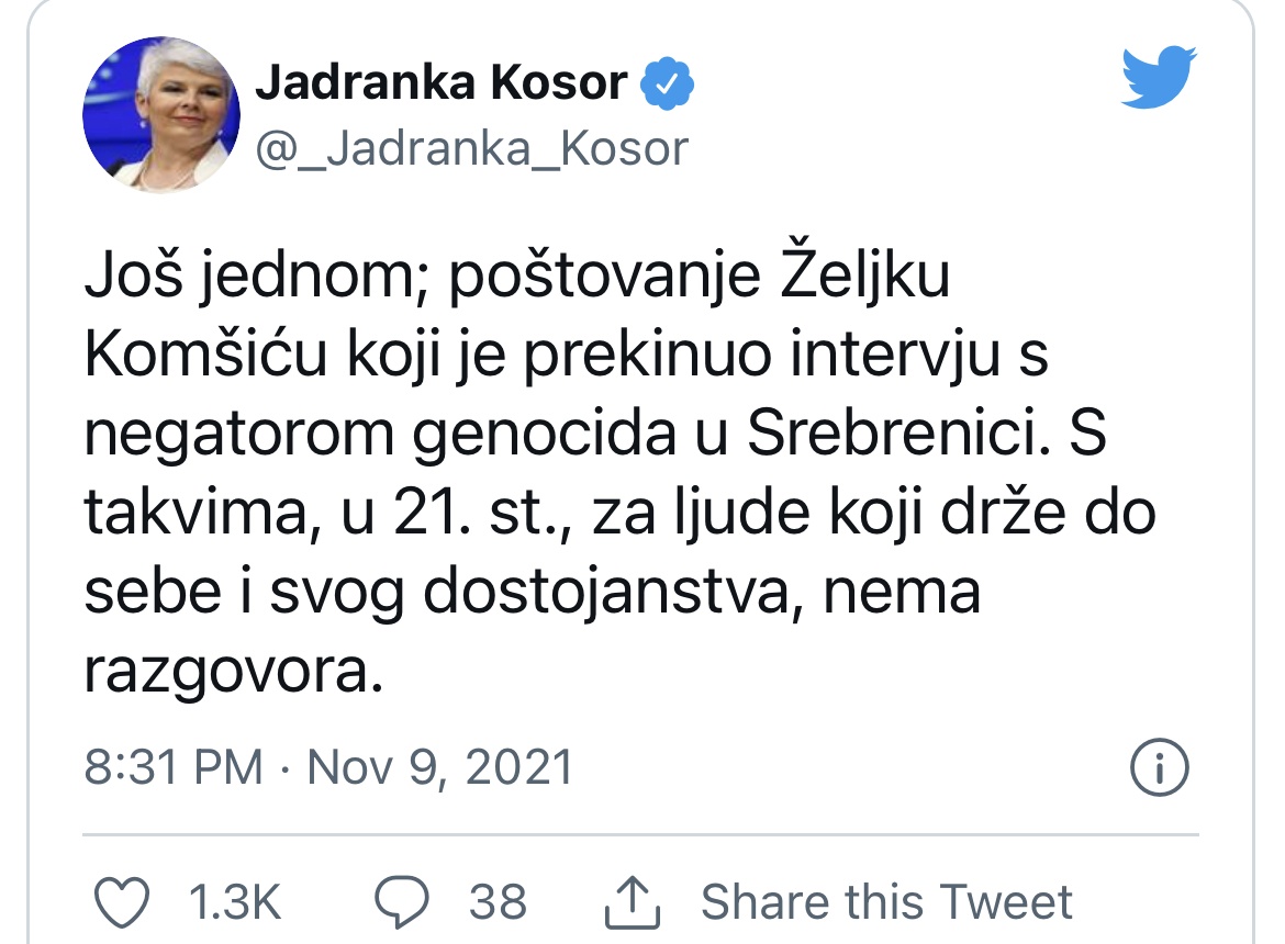 Jadranka Kosor o prekidanju intervjua: Moje poštovanje Željku Komšiću... 1 EC37EA27 3B62 4AC0 8C10 4D2A10CA7582