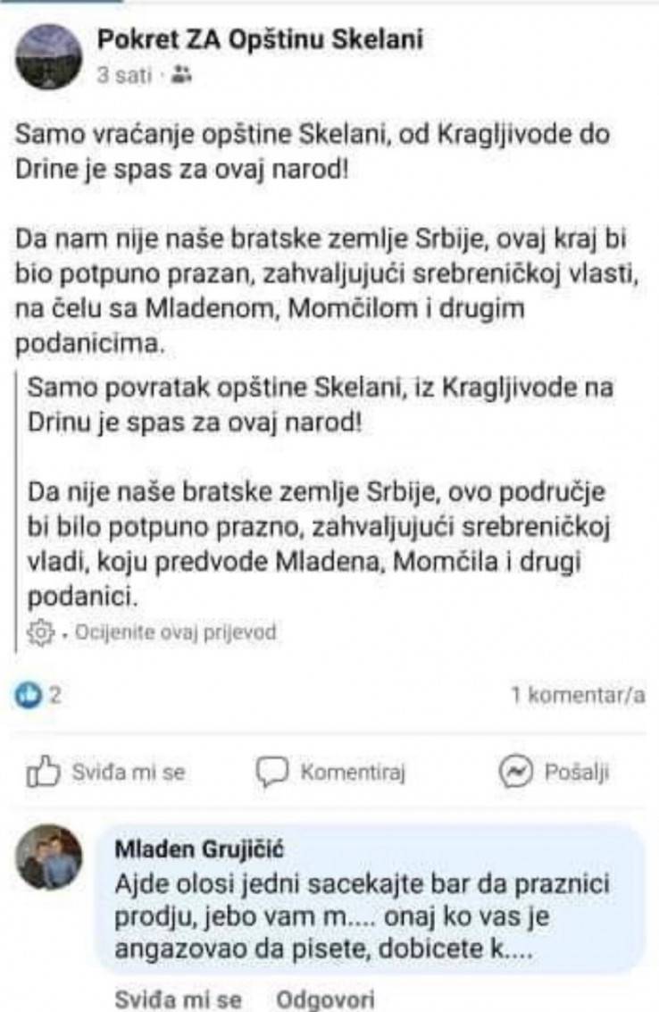 Mještani Skelana tražili status općine: Pojavio se komentar načelnika Srebrenice "Dobit ćete k****", Grujičić tvrdi da nije on pisao 1 w873 1