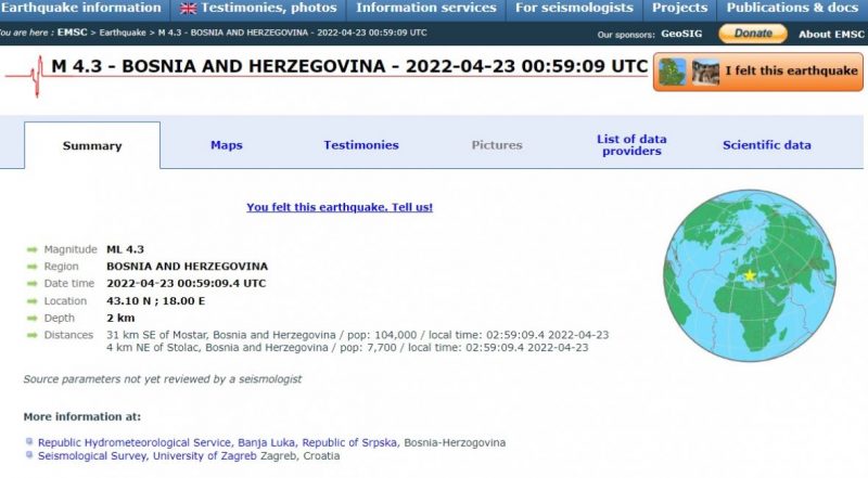 EMSC / Još jedan jak zemljotres pogodio BiH 1 EMSC april2022 PS