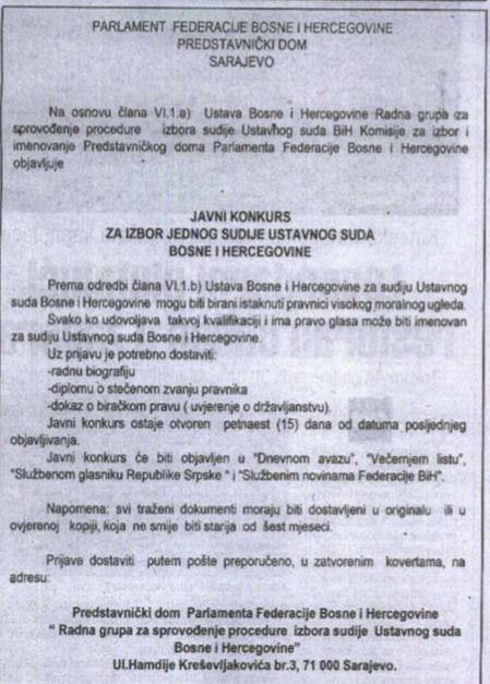 NEVIĐENA DRAMA U USTAVNOM SUDU BiH: Mati Tadiću ističe mandat, HDZ opstruira izbor novog sudije Ustavnog suda BiH i preferira izbor... 3 ustavni sud bih konkurs