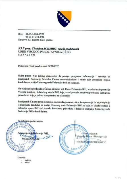 DUNOVIĆ I MAHMUTBEGOVIĆ REAGIRALI NA ČAVARINU ODLUKU: "Krši Ustav i neovlašteno poziva sudije..." 1 Pismo august2022 RSA