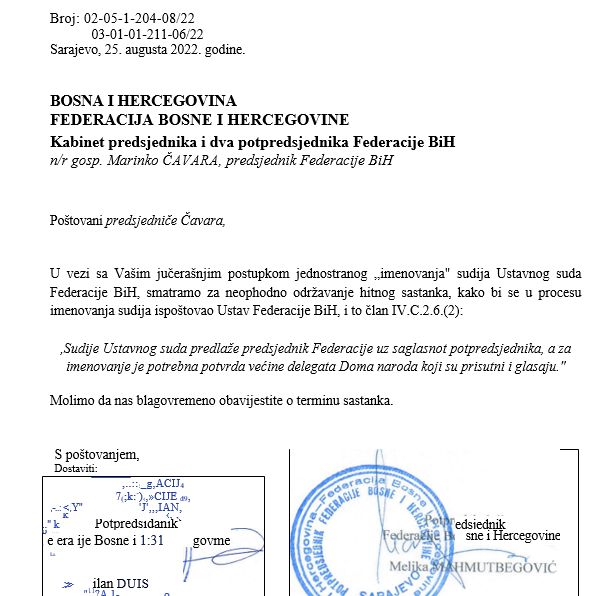 POTPREDSJEDNICI FBiH DUNOVIĆ I MAHMUTBEGOVIĆ POSLALI OTVORENO PISMO SCHMIDTU: "Čavara je prekršio Ustav FBiH" 1 pismo cavari