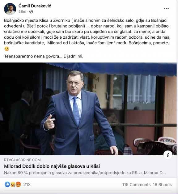 Ćamil Duraković ogorčen: Kako je Milorad Dodik u Klisi, sa većinom Bošnjačkim stanovništvom odnio pobjedu? 1 Screenshot 2022 10 03 at 21.28.00