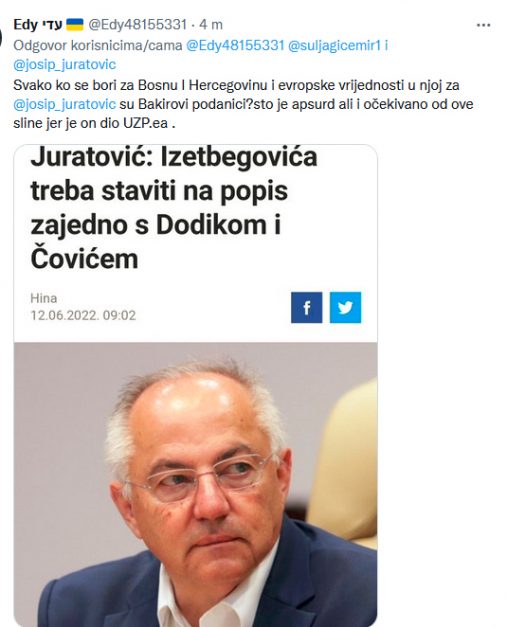 „AKO SMO MI IZETBEGOVIĆEVI, ONDA JE ON PODANIK ANTE PAVELIĆA…“: Gore društvene mreže, Emir Suljagić odgovorio Josipu Juratoviću, oglasio se i Dženan Đonlagić... 3 jurat 2