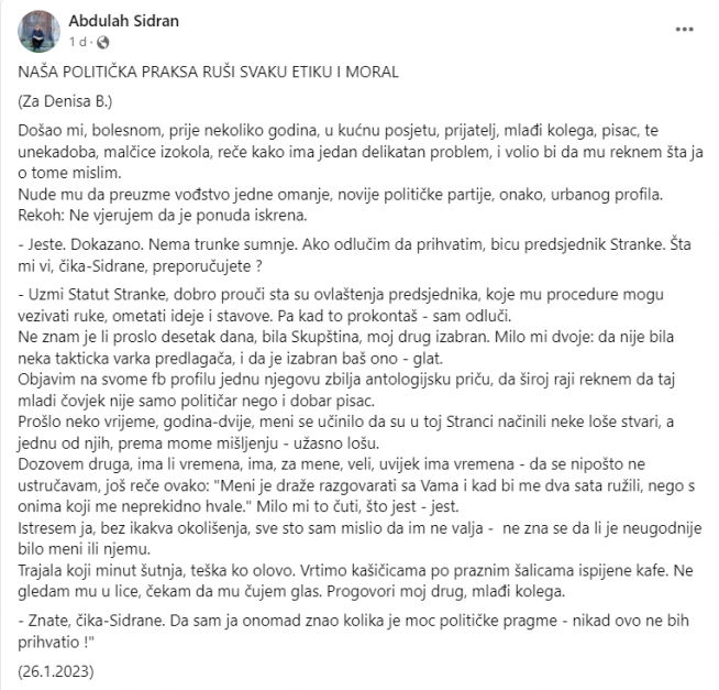 "NAŠA POLITIČKA PRAKSA RUŠI SVAKU ETIKU I MORAL": Pročitajte priču koju je književnik Abdulah Sidran posvetio Denisu B. 1 324767244 1337543257086561 7425139486279238216 n