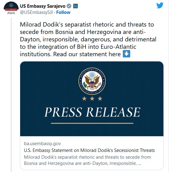 AMBASADA SAD OŠTRO ODGOVORILA DODIKU: NEĆEMO OSTATI MIRNI AKO POKUŠA IZAZVATI NOVI SUKOB 1 250795A5 99C2 4464 934E 5DF8EE90F47B
