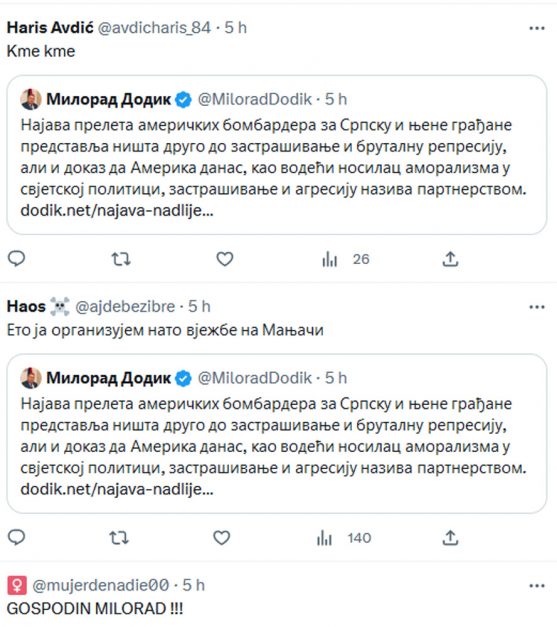 „PA, OBORI IH, MILORADE…“: Gore društvene mreže nakon Dodikove reakcije na prelet američkih aviona… 4 dodi6