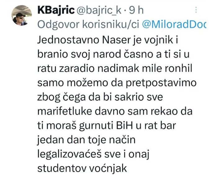 NIŽU SE REAKCIJE NAKON IZJAVE DODIKA: "Naser Orić je u ratu časno branio narod, a ti si dobio nadimak Mile Ronhil" 3 komentari dodik twitter4