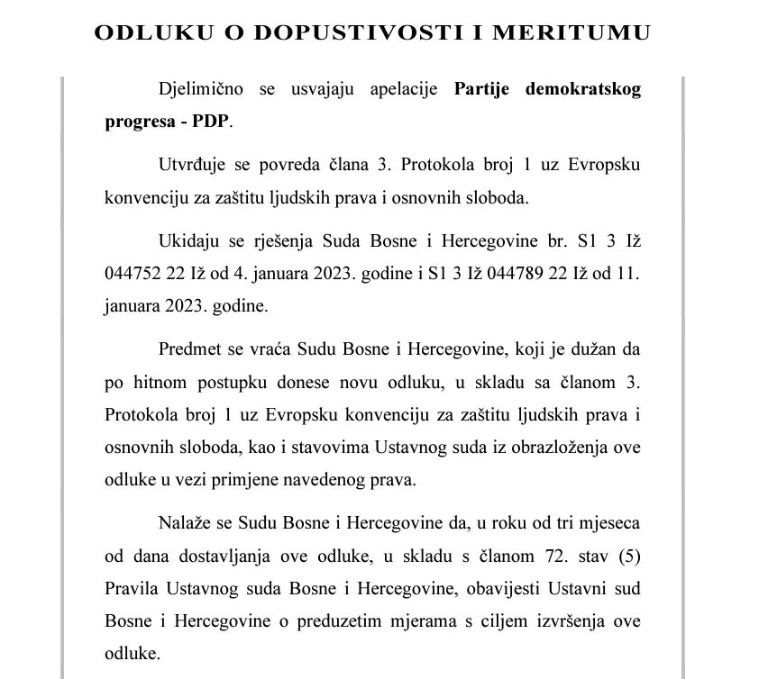 faksimil dijela odluke Ustavnog suda o apelaciji PDP